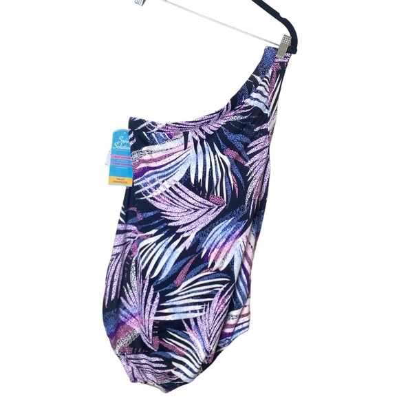 NWT SWIM SOLUTIONS Black MULTI Tummy Control One Shoulder One Piece Swimsuit 18 - Picture 5 of 9